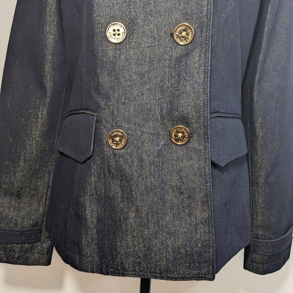 Lauren Ralph Lauren Blue Gold Metallic Denim Double Breasted Jacket Dark Wash M - Picture 3 of 11
